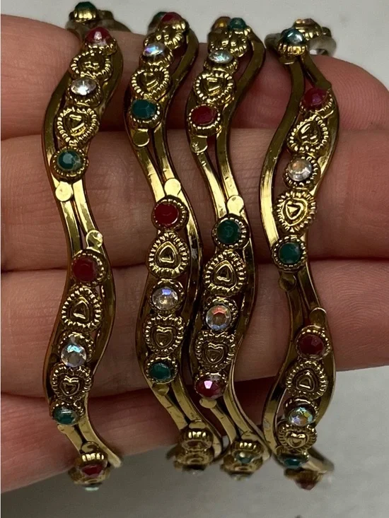 Set of 4 Gold-Plated Zig-Zag Bangles| Multi-Color Kundan Style Bracelets - Picture 3 of 5